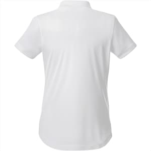 A white women's polo shirt featuring a classic short sleeve design and a collar, with branding present.