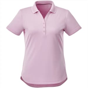 A pink women's polo shirt with a collar and buttons, featuring a logo on the front.