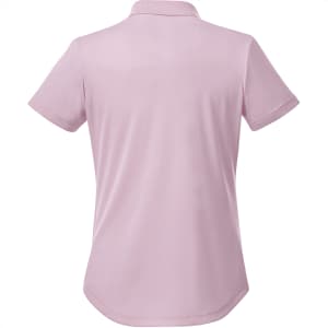 A women's polo shirt in a soft pink shade, featuring a collar and short sleeves, with a logo on the back.