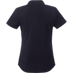 A black women's polo shirt with a classic collar and short sleeves, featuring a logo on the back.