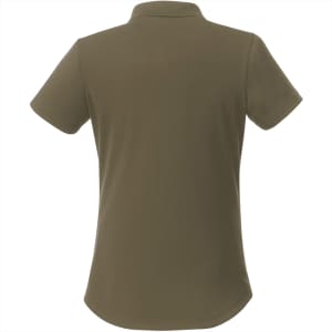 A women's short sleeve polo shirt in olive green, featuring a classic collar and a smooth finish on the back.