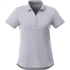 A light grey women's polo shirt with a collar and four buttons, featuring a logo on the chest.
