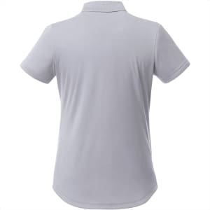 A grey women's short sleeve polo shirt with a collar, featuring a logo on the back.