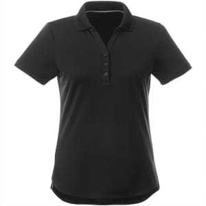 A black women's polo shirt with short sleeves and a collar, featuring a button placket and a subtle logo.