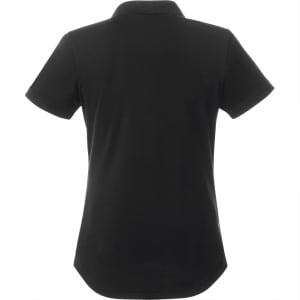 A black women's polo shirt with short sleeves and a collar, featuring branding on the back.