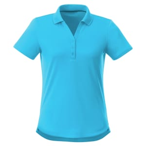 A turquoise women's short sleeve polo shirt featuring a collar and buttons, with a subtle brand logo.