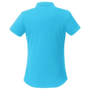 A women's short sleeve polo shirt in bright blue, featuring a collar and a logo on the back.