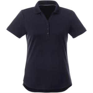 A women's short sleeve polo shirt in black with a buttoned placket and a logo.