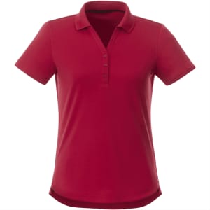 A red women's short sleeve polo shirt with a collar and buttons, featuring a logo.