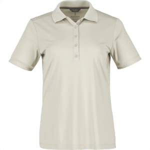A light beige women's polo shirt with a collar, short sleeves, and a button placket, featuring a logo on the chest.
