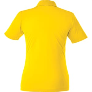 A yellow women's polo shirt featuring a classic short sleeve design and a collar, with a logo on the back.