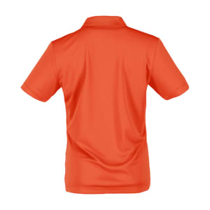 An orange women's short sleeve polo shirt with a collar and no visible logo on the back.