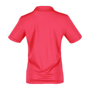 A red women's polo shirt featuring a classic short sleeve design and a collar, with a logo on the back.