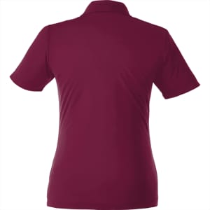 A maroon women's polo shirt with short sleeves and a collar, featuring branding on the back.