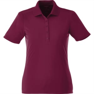 A women's short sleeve polo shirt in a rich burgundy colour, featuring a collar and button detailing. It has a logo.