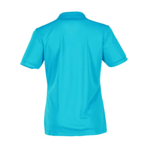 A women's polo shirt in bright aqua blue featuring a collar and short sleeves. The back is smooth with a logo.
