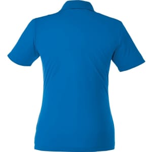 A bright blue women's short sleeve polo shirt with a collar and a logo on the back.