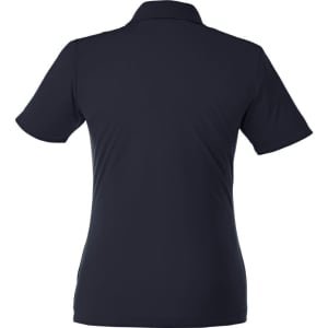 A navy women's polo shirt featuring short sleeves and a collar, with a logo on the back.