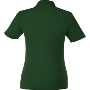 A women's short sleeve polo shirt in deep green with a collar and a logo.