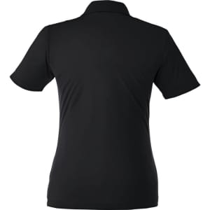 A black women's polo shirt with short sleeves and a collar, featuring a logo. The back view is shown.