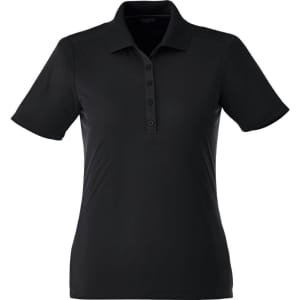 A black women's polo shirt featuring a collar and button placket, with a logo on the chest.