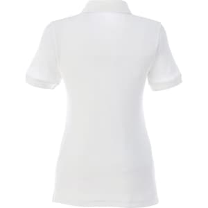 A white women's polo shirt featuring short sleeves and a classic collar, displaying a logo on the back.