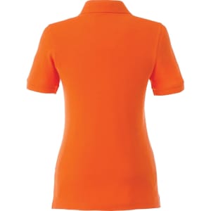 A women's short sleeve polo shirt in bright orange with a fitted design and a collar, featuring a logo.