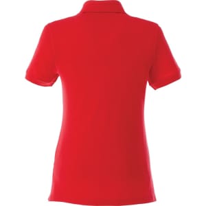 A red women's short sleeve polo shirt featuring a collar and a logo on the back.
