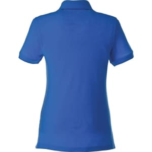 A bright blue women's polo shirt featuring a collared neckline and short sleeves, with a branding logo on the back.