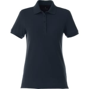 A women's short-sleeve polo shirt in dark navy, featuring a collar and button-up front, with a logo.