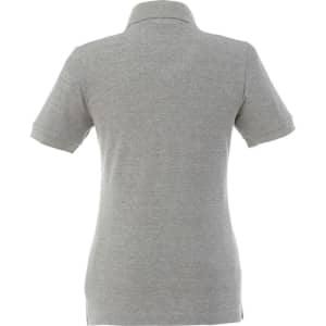 A grey women's polo shirt with short sleeves, featuring a collar and a logo on the back.