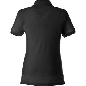 A black women's short sleeve polo shirt featuring a collar and a logo on the fabric.