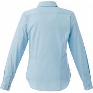A women's long sleeve button-up shirt in light blue, featuring a classic collar and buttoned cuffs.