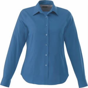 A women's Wilshire long sleeve button-up shirt in a vibrant blue colour with a classic collar and a logo.