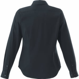 A women's long sleeve button-up shirt in dark green, featuring a back yoke and button cuffs. Includes a logo.