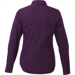 A women's long sleeve button-up shirt in a rich purple colour, with a sleek back design and a collar.