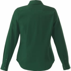 A green women's button-up shirt with a collar and long sleeves, featuring a logo on the back.