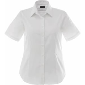 A women's short sleeve button-up shirt in white, featuring a classic collar and a logo.