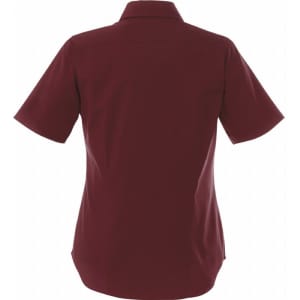 A maroon short sleeve button-up shirt with a collar and a single branding logo on the back.