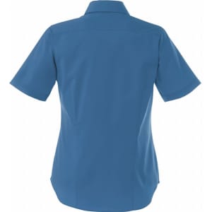 A women's short sleeve button-up shirt in a vibrant blue colour, featuring a back view and a collar.