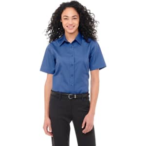 A short sleeve women's button-up shirt in a vibrant blue colour, featuring a collar and a logo.