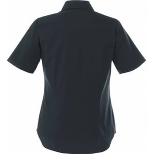 A short sleeve women's button-up shirt in dark colour featuring a back view with a collar. Includes a logo.