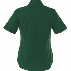 A women's button-up shirt in dark green with short sleeves and a collared neckline, featuring a logo.