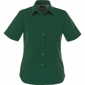 A green short sleeve button-up shirt for women with a classic collar and a logo on the label.