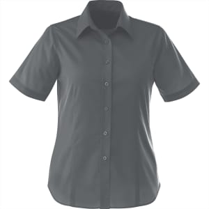 A short sleeve women's button-up shirt in a dark grey colour, featuring a collar and front buttons. It has a logo.