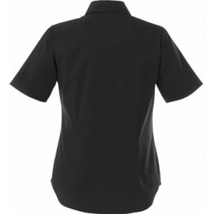 A black short sleeve button-up shirt for women, featuring a standard collar and clean back design.