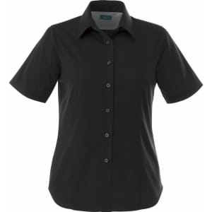 A black short sleeve button-up shirt for women, featuring a collared neckline and a logo on the label.