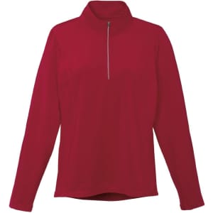 A women's quarter zip jumper in red with long sleeves and a high collar, featuring a branding logo.