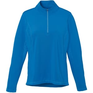 A bright blue women's quarter zip jumper with long sleeves and a zippered front. Features a logo on the fabric.