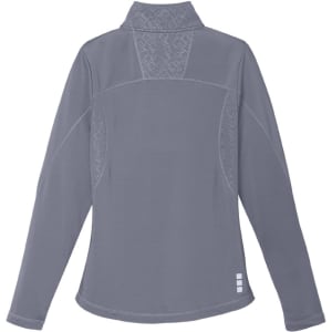 A grey women's quarter zip jumper with a textured pattern on the back and a collar, featuring a logo.